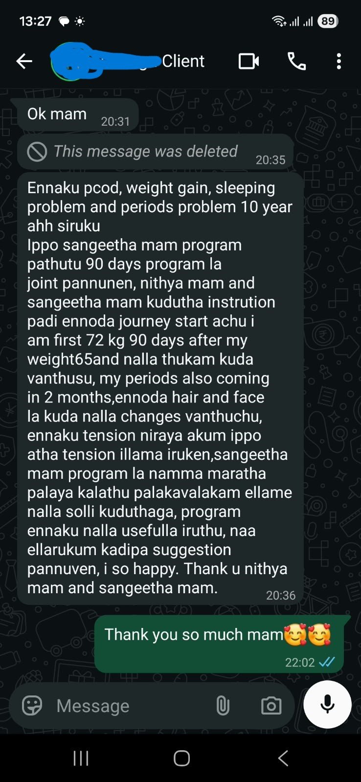 Anonymized WhatsApp feedback from a Super Mom client